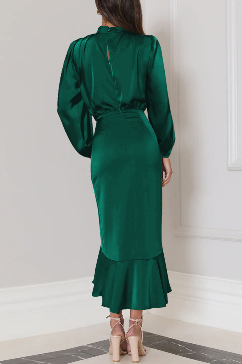 Elegant Solid Flounce Fold Turtleneck Evening Dress Dresses