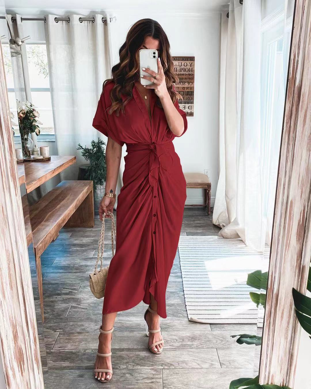 vmtvr - Commuter Tie Lapel Fashion Forged Long Shirt Maxi Dresses