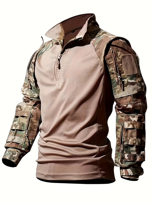 Mens Camo Half-Zipper Frog Suit Pullover Sweatshirt - Breathable, Tear-Resistant, Multi-Pocket, Long Sleeve, Drop Shoulder, Slight Stretch, Cotton Blend, Perfect for Camping, Hiking, Outdoor, Running, Sports, Training in Spring, Summer, Fall