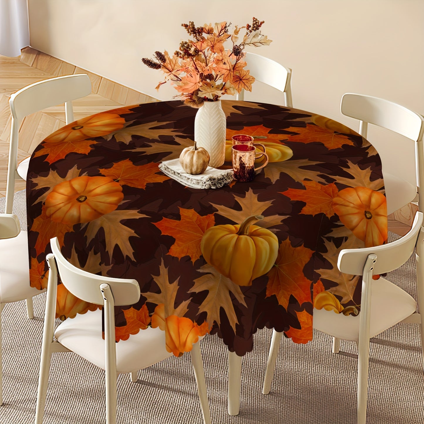 1pc, Round Tablecloth, Autumn Leaf Thanksgiving Pumpkin Table Cloth, Fall Tablecover, Waterproof Stain Wrinkle Free, Circle Tablecloth, Indoor And Outdoor Table Cover, For Home Kitchen Dining Party Decoration