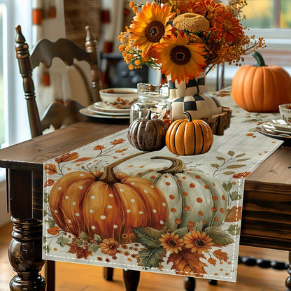 1pc Vibrant Autumn Pumpkin Maple Leaf Table Runner - Polyester Woven Rectangular Fabric, 14.5x19.7 inches, Waterproof and Stain-Resistant, Festive Home & Kitchen Decor for Halloween, Thanksgiving, and Holiday Season, Easy to Clean and Store