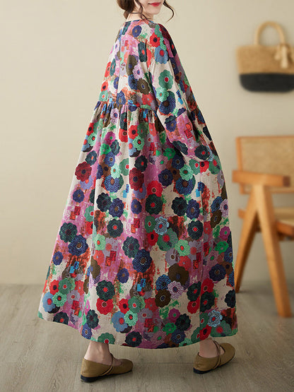 vmtvr - Long Sleeves Loose Flower Print Pockets Split-Joint Round-Neck Midi Dresses