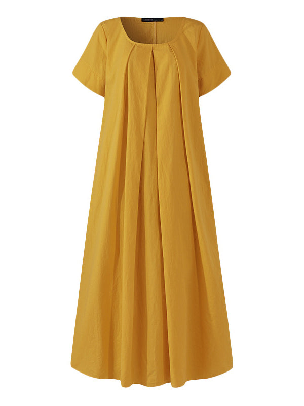 vmtvr - Simple Solid Color U-Neck Pleated Short Sleeves Maxi Dress