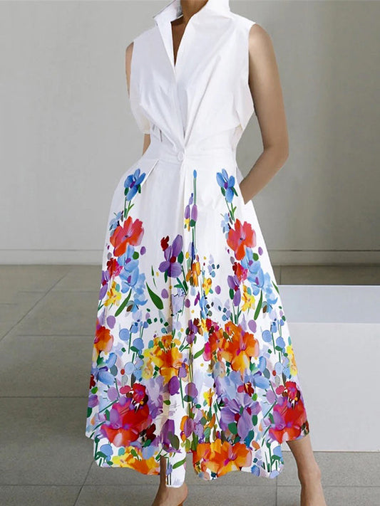 vmtvr - Loose Sleeveless Contrast Color Floral Printed Lapel Collar Midi Dresses