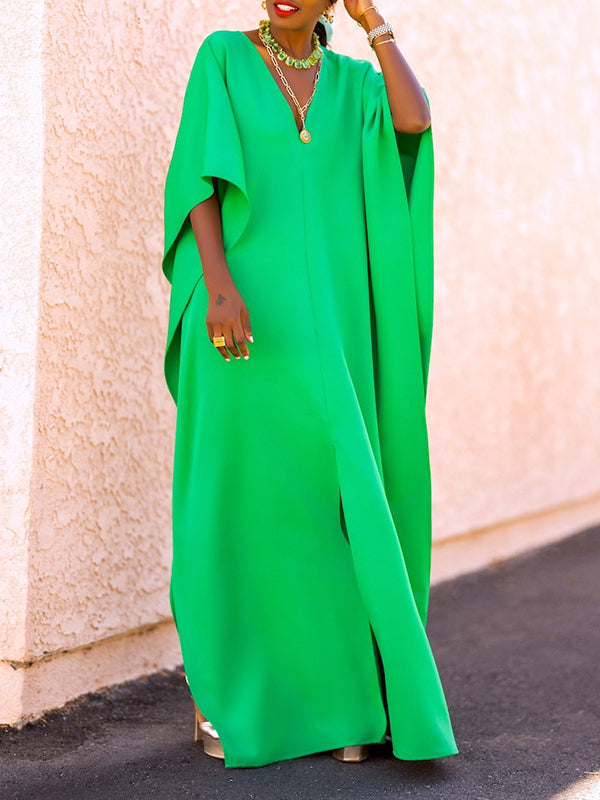 vmtvr - Batwing Sleeves Loose Solid Color Split-Side V-Neck Maxi Dresses