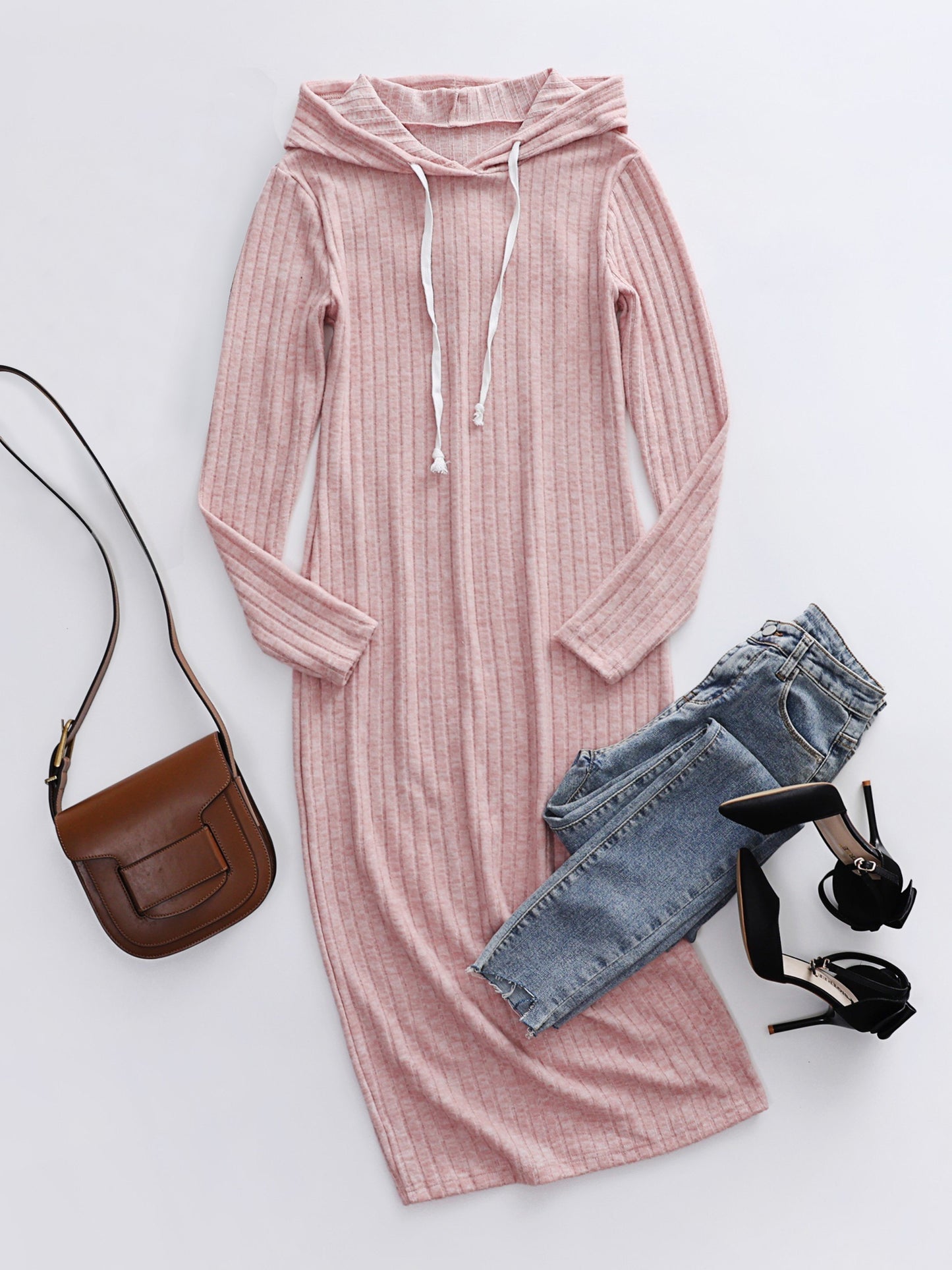 Chic Ribbed Knit Hoodie Dress for Spring/Fall: Long Sleeve, Easy Care, Durable - Perfect Casual Comfort