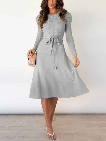 vmtvr - High Waisted Long Sleeves Solid Color Tied Waist Round-Neck Midi Dresses Sweater Dresses