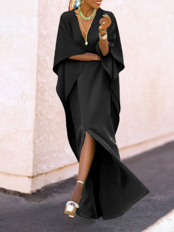 vmtvr - Batwing Sleeves Loose Solid Color Split-Side V-Neck Maxi Dresses