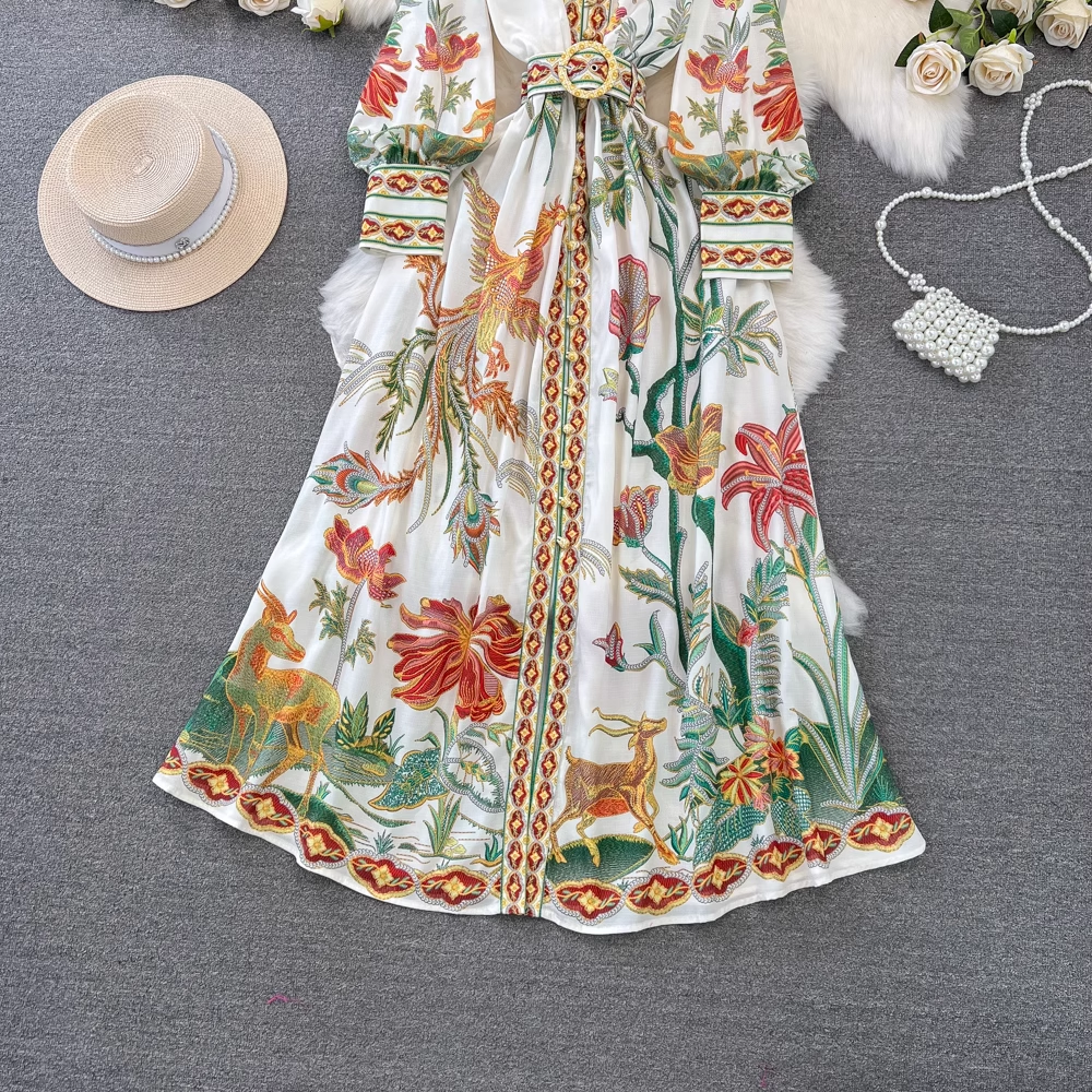 - Long-sleeved stand-collar A-line printed dress GEU982