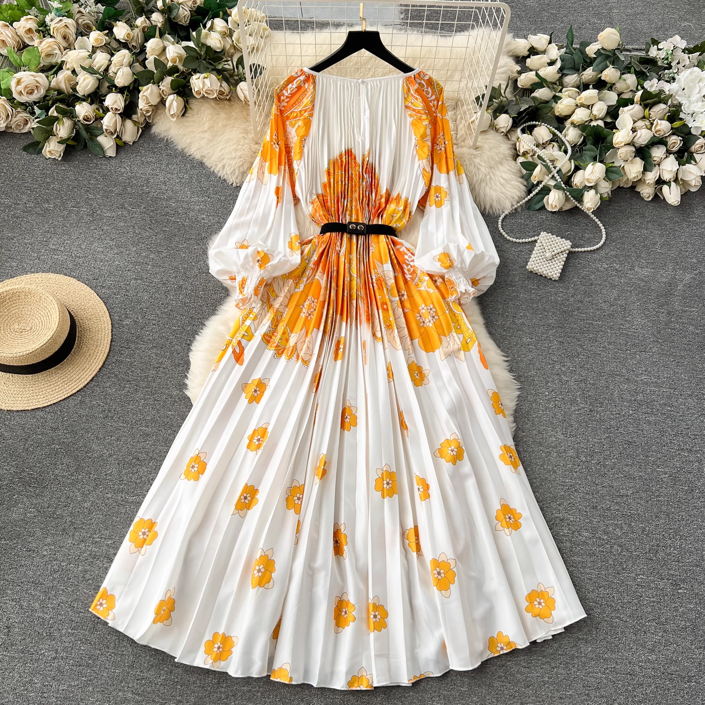 - New women's dress printed pleated holiday long dress  GEU1179