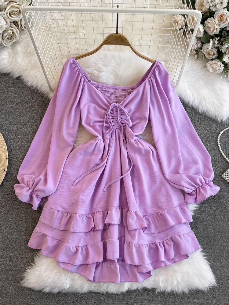 - Lantern long-sleeved V-neck mid-length a-line dress GEU905