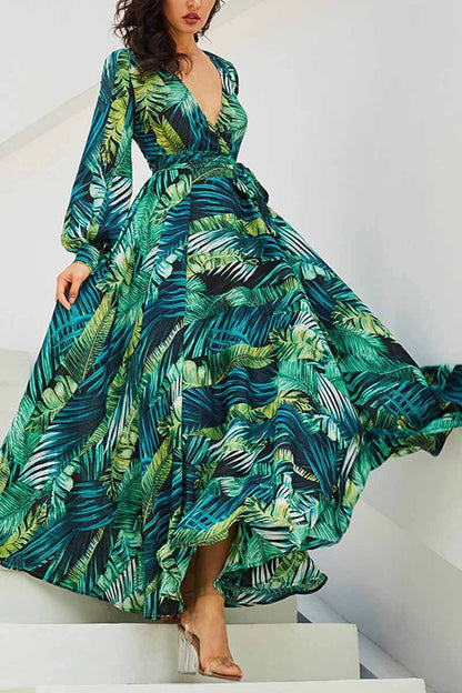 vmtvr -  V-Neck Leaf Print Maxi Dress