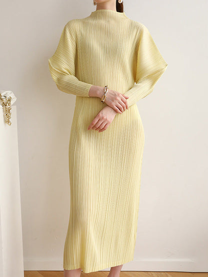 vmtvr - Original Creation Loose Long Sleeves Pleated Solid Color High-Neck Midi Dresses