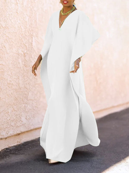 vmtvr - Batwing Sleeves Loose Solid Color Split-Side V-Neck Maxi Dresses