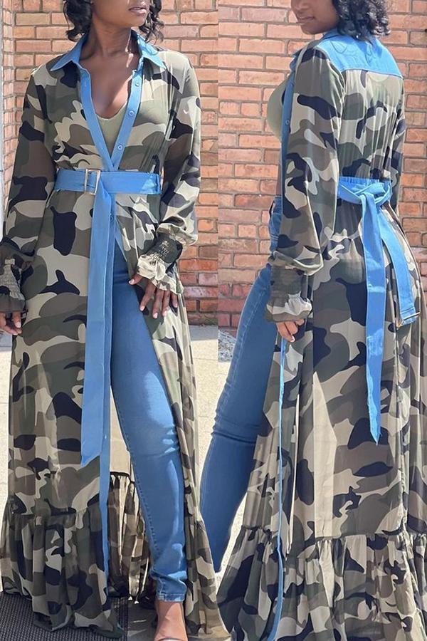 Camouflage Patchwork Shirt Collar Maxi Dress