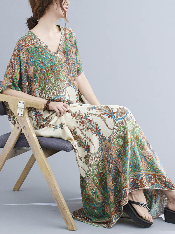 vmtvr - Vintage Floral Printed V-Neck Batwing Sleeves H-Line Maxi Dress