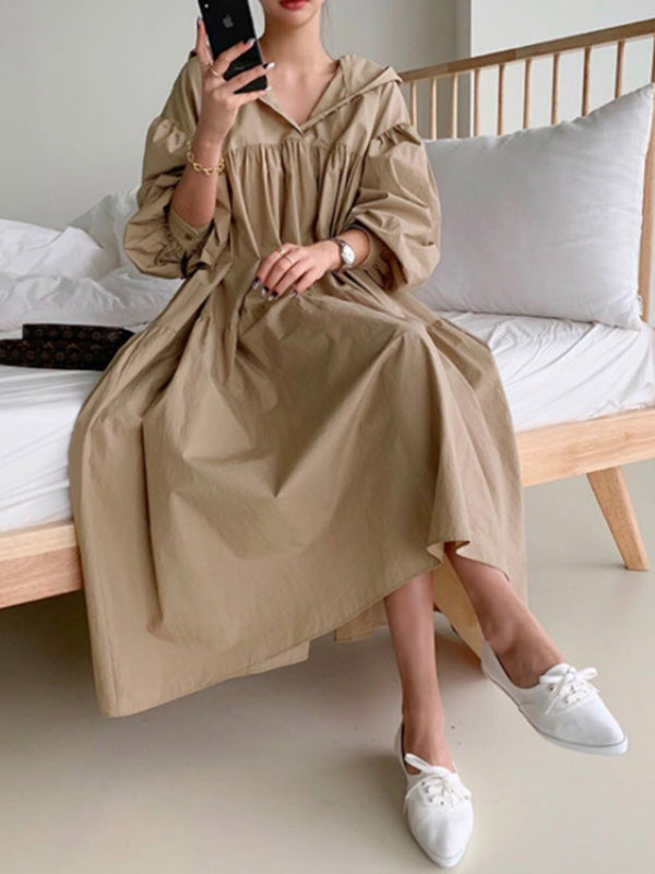 vmtvr - Urban Solid Color Pleated Long Sleeves Hooded Midi Dress