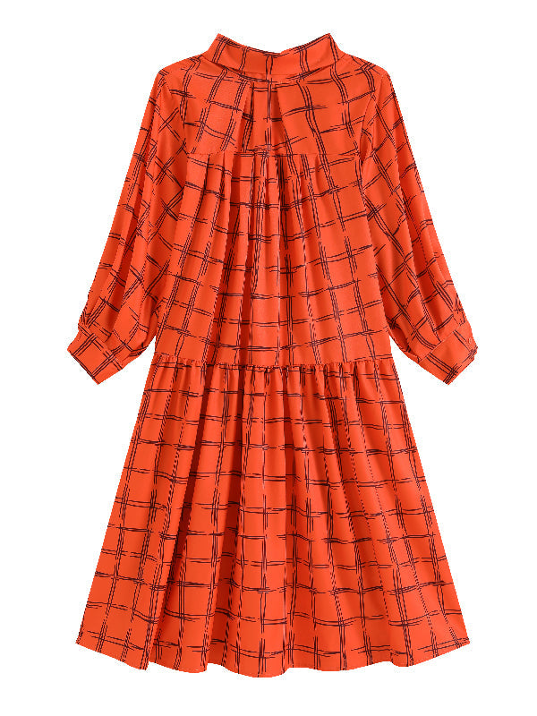 vmtvr - Original Creation Loose Puff Sleeves Plaid High-Neck Midi Dresses