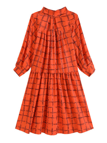 vmtvr - Original Creation Loose Puff Sleeves Plaid High-Neck Midi Dresses