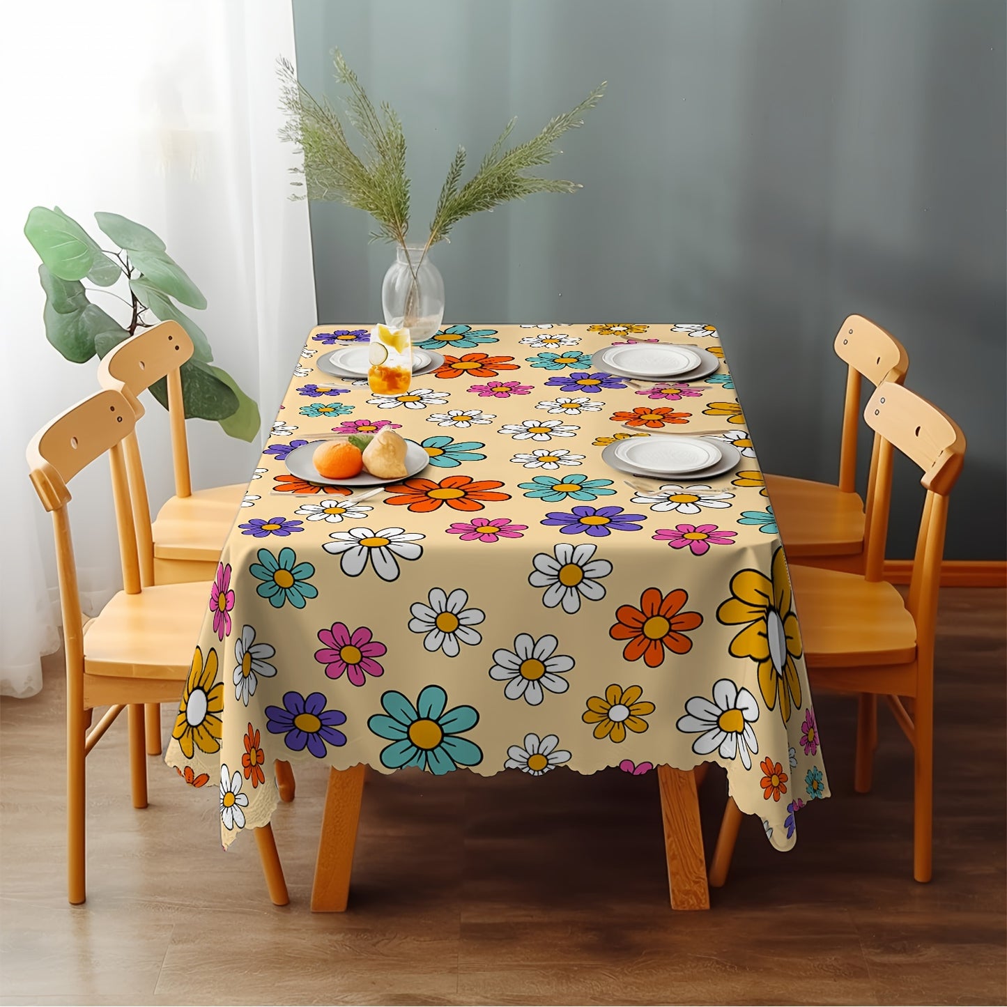 1pc Rectangle Embroidered Linen Tablecloth - Wrinkle-Free, Spring-Inspired Kitchen & Dining Table Linens for Outdoor and Indoor Use