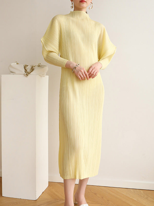 vmtvr - Original Creation Loose Long Sleeves Pleated Solid Color High-Neck Midi Dresses