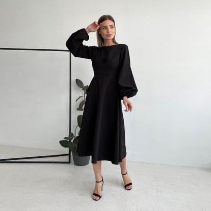 vmtvr Midi Dress O-neck Lantern Sleeves Casual A-line Elegant Female Clothing