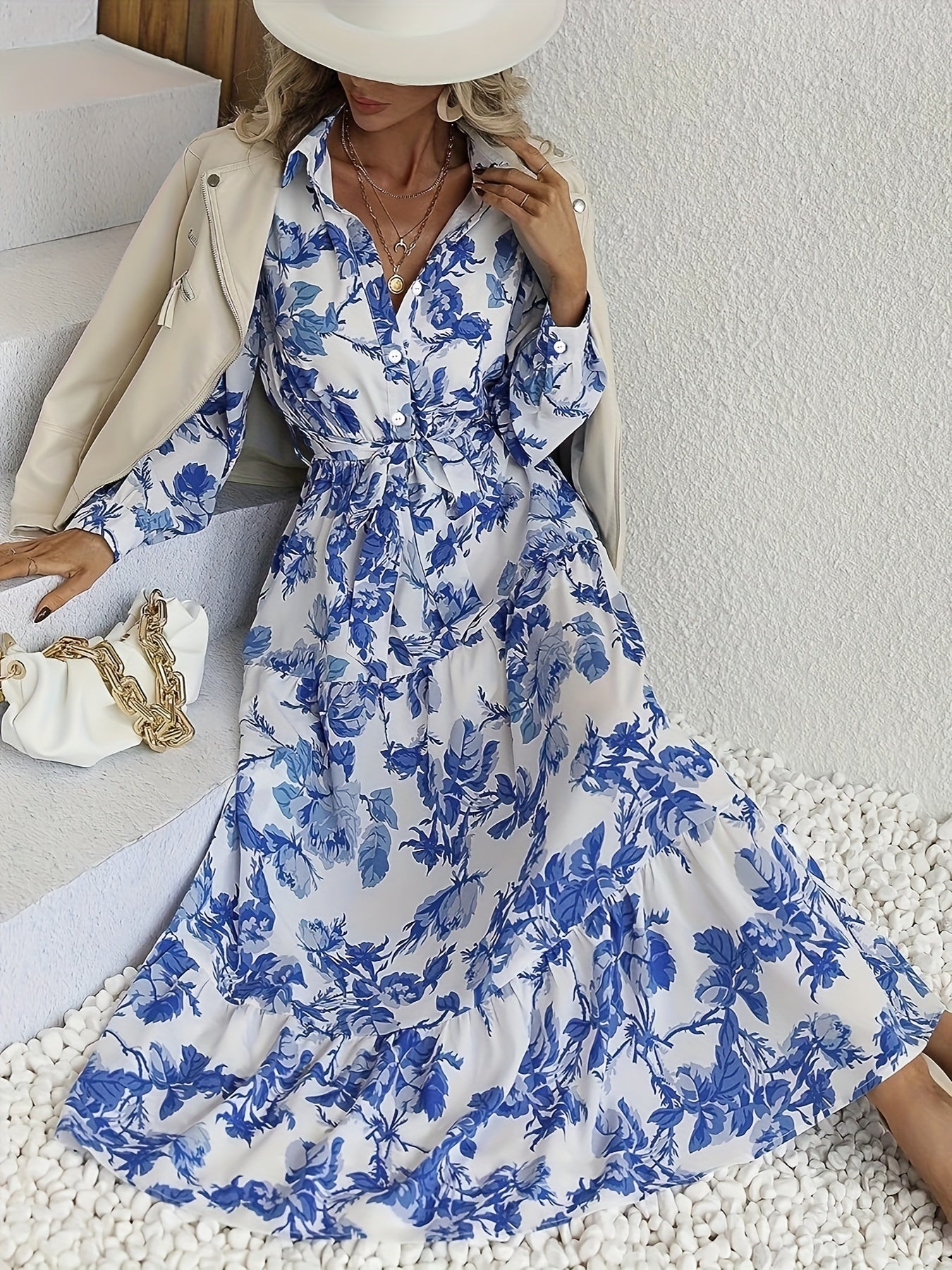 Floral Print Elastic Waist Dress, Boho Vacation Long Sleeve Midi Dress, Women's Clothing