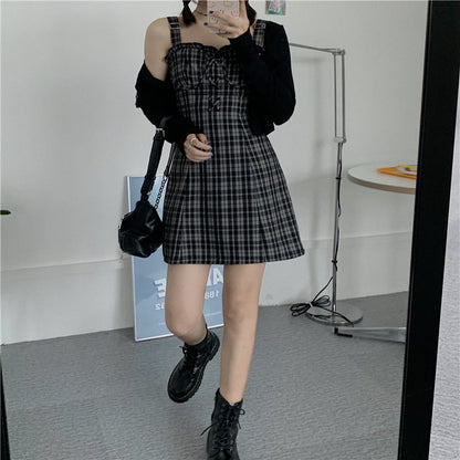 vmtvr grunge outfits Korean Style plus Size Women's Retro Versatile Sexy Slim Fit Wooden Ear Plaid Sling Dress