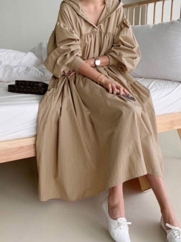 vmtvr - Urban Solid Color Pleated Long Sleeves Hooded Midi Dress