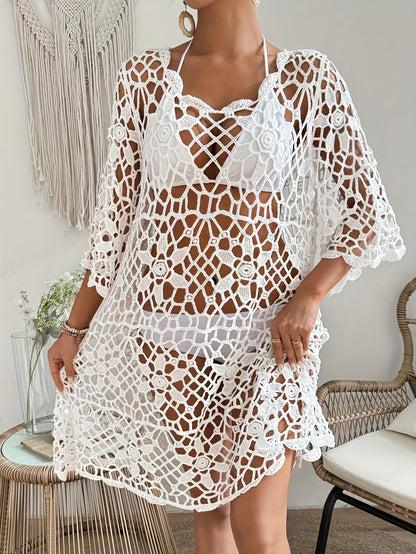 Boho Style Floral Hollow Out Knitted Semi Sheer Loose Fit Cover Up Dress Without Bikini, Women's Swimwear & Clothing