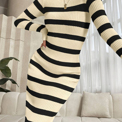 Knit Striped Bodycon Dress, Elegant Crew Neck Long Sleeve Dress For Spring & Fall, Women's Clothing