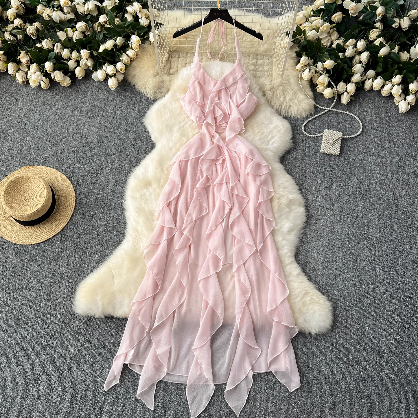 - Pink irregular ruffled holiday fairy dress GEU1101