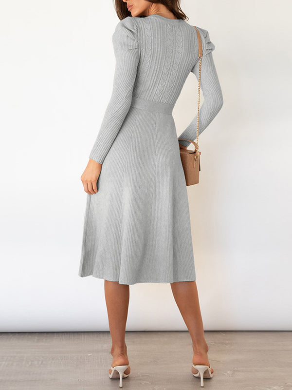 vmtvr - High Waisted Long Sleeves Solid Color Tied Waist Round-Neck Midi Dresses Sweater Dresses