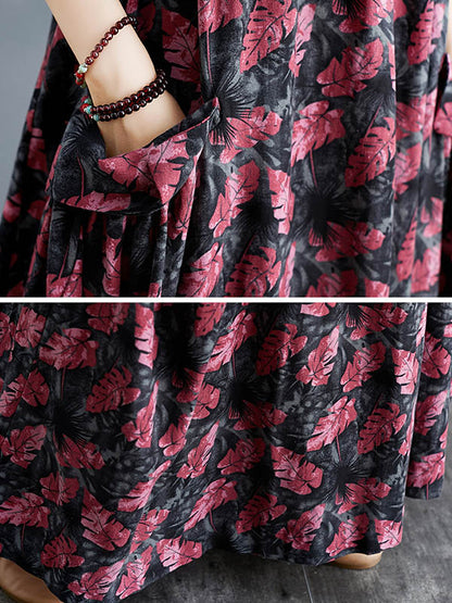 vmtvr - Artistic Retro Ramie Cotton Loose 3 Colors Floral Printed Square-Neck Sleeveless Strap Dress