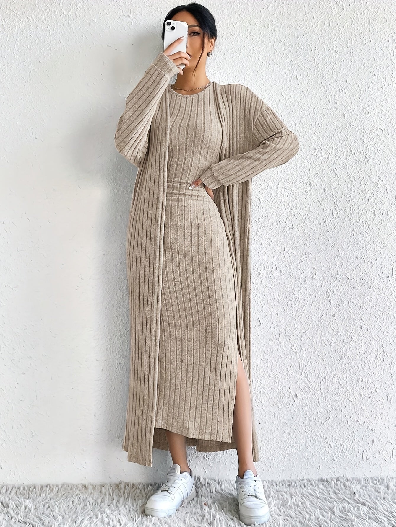 Solid Ribbed Knitted Dress Set, Elegant Open Front Long Sleeve Drop Shoulder Cardigan & Crew Neck Split Tank Dress Outfits, Women's Clothing