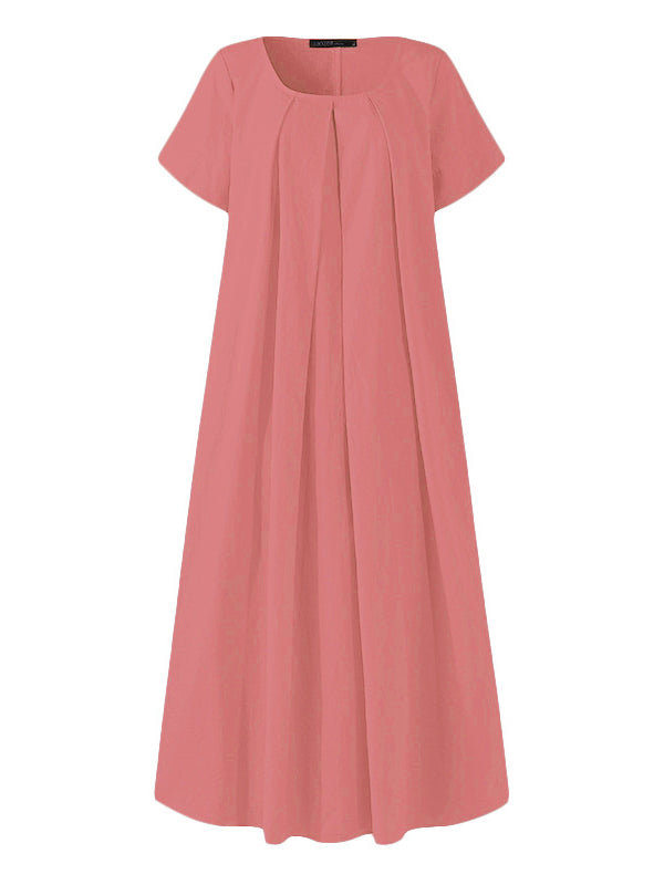 vmtvr - Simple Solid Color U-Neck Pleated Short Sleeves Maxi Dress