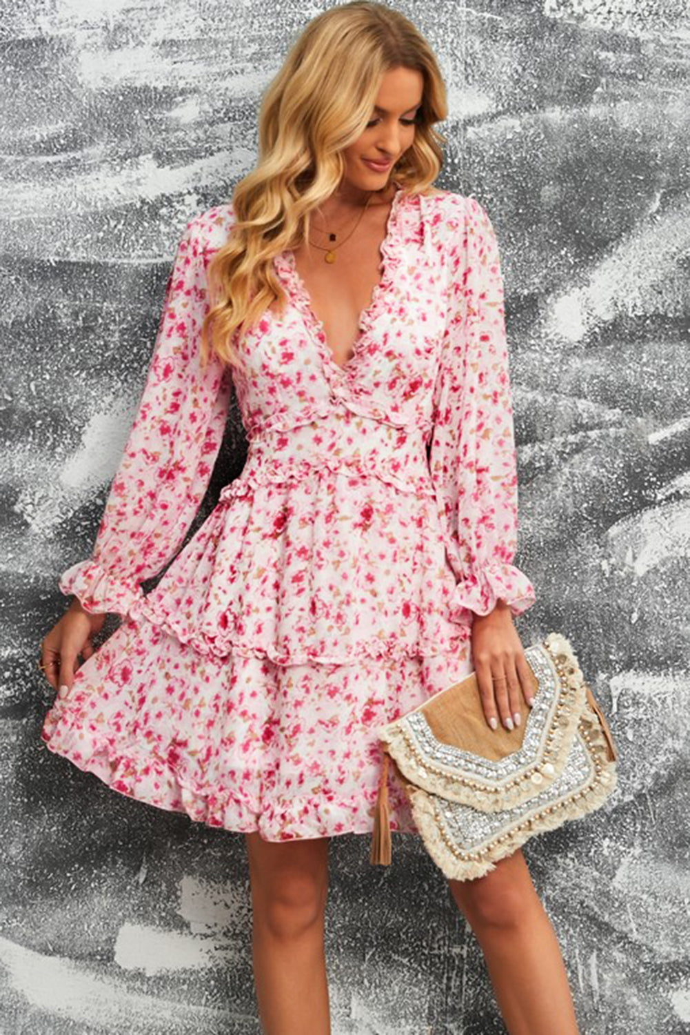 Classy Floral Frill Trim Plunge Flounce Sleeve Mini Dress