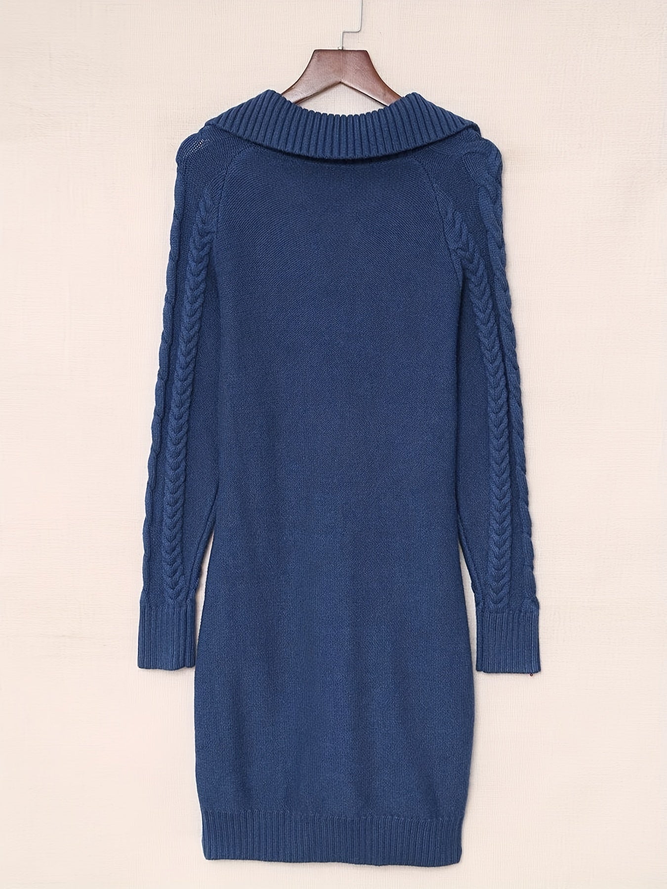 Solid Cable Knit Sweater Dress, Elegant V Neck Long Sleeve Mini Dress, Women's Clothing