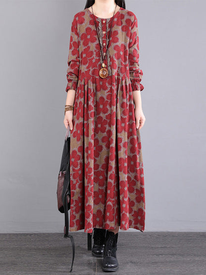 vmtvr - Casual Long Sleeves Loose Floral Printed Round-Neck Midi Dresses