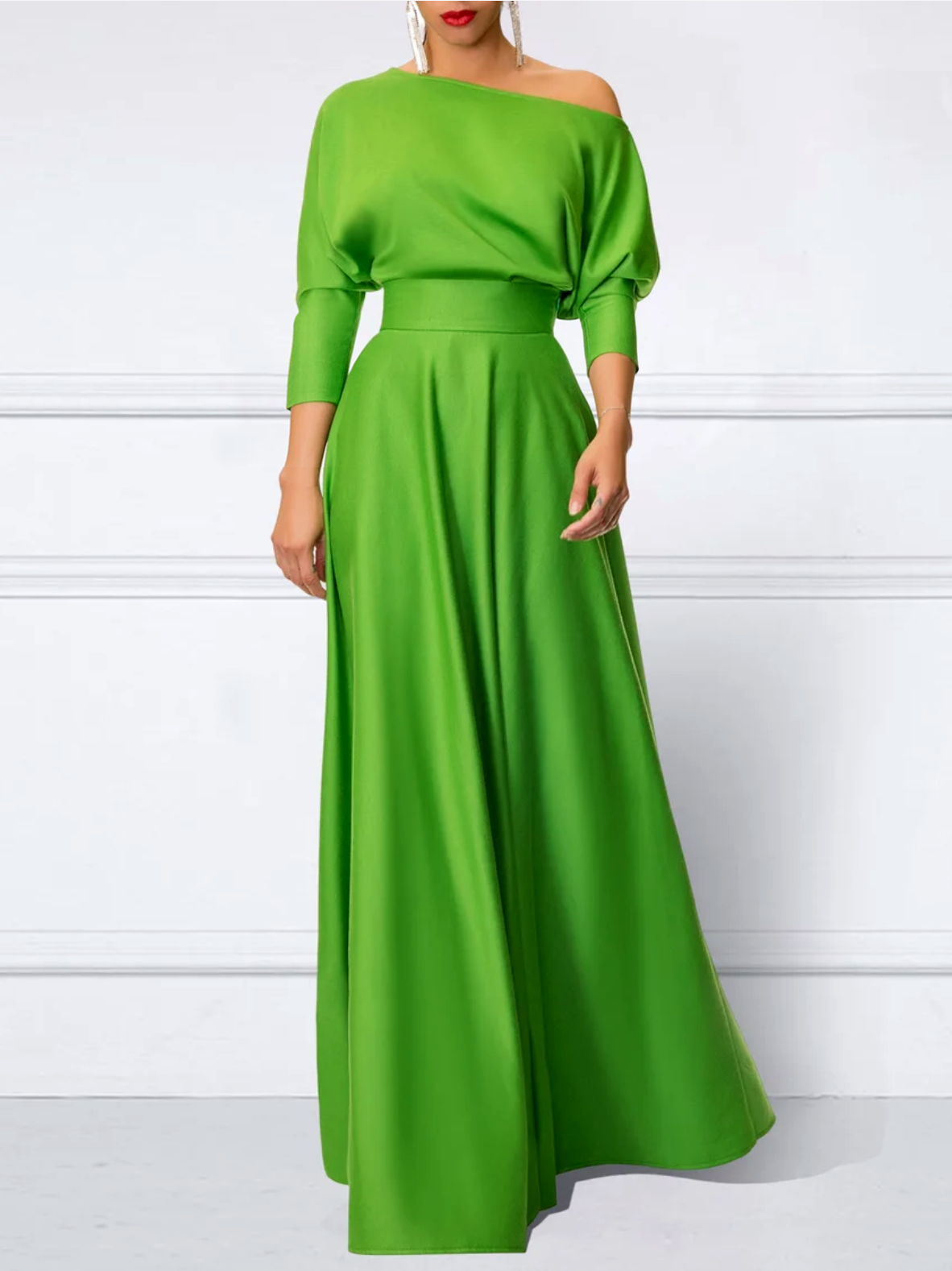 vmtvr - Loose Three-Quarter Sleeves Solid Color Off-The-Shoulder Maxi Dresses