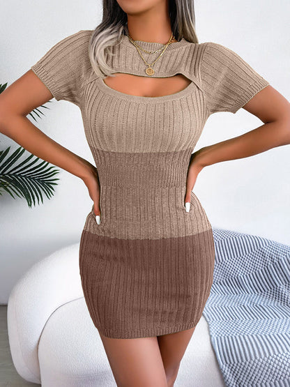 vmtvr - High Waisted Short Sleeves Gradient Hollow Round-Neck Mini Dresses Sweater Dresses