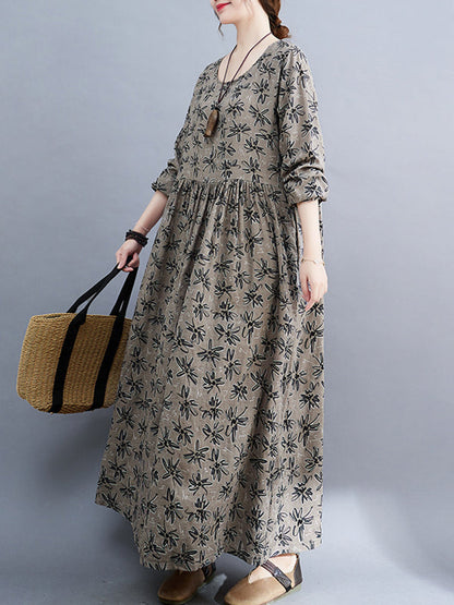 vmtvr - Artistic Retro Long Sleeves Loose Floral Printed Round-Neck Midi Dresses