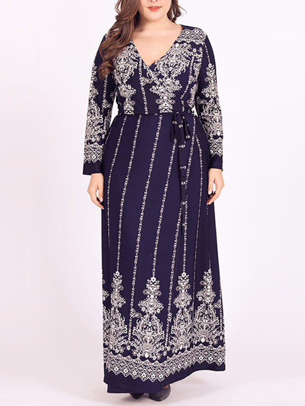 vmtvr - Long Sleeves Floral Printed Split-Joint V-Neck Maxi Dresses Plus Dresses