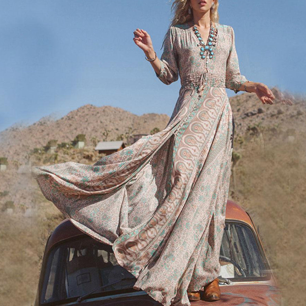 vmtvr - Western Style Boho Print Slit Maxi Dress