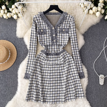 vmtvr- Women's high-end plaid knitted dress in autumn and winter GEU445