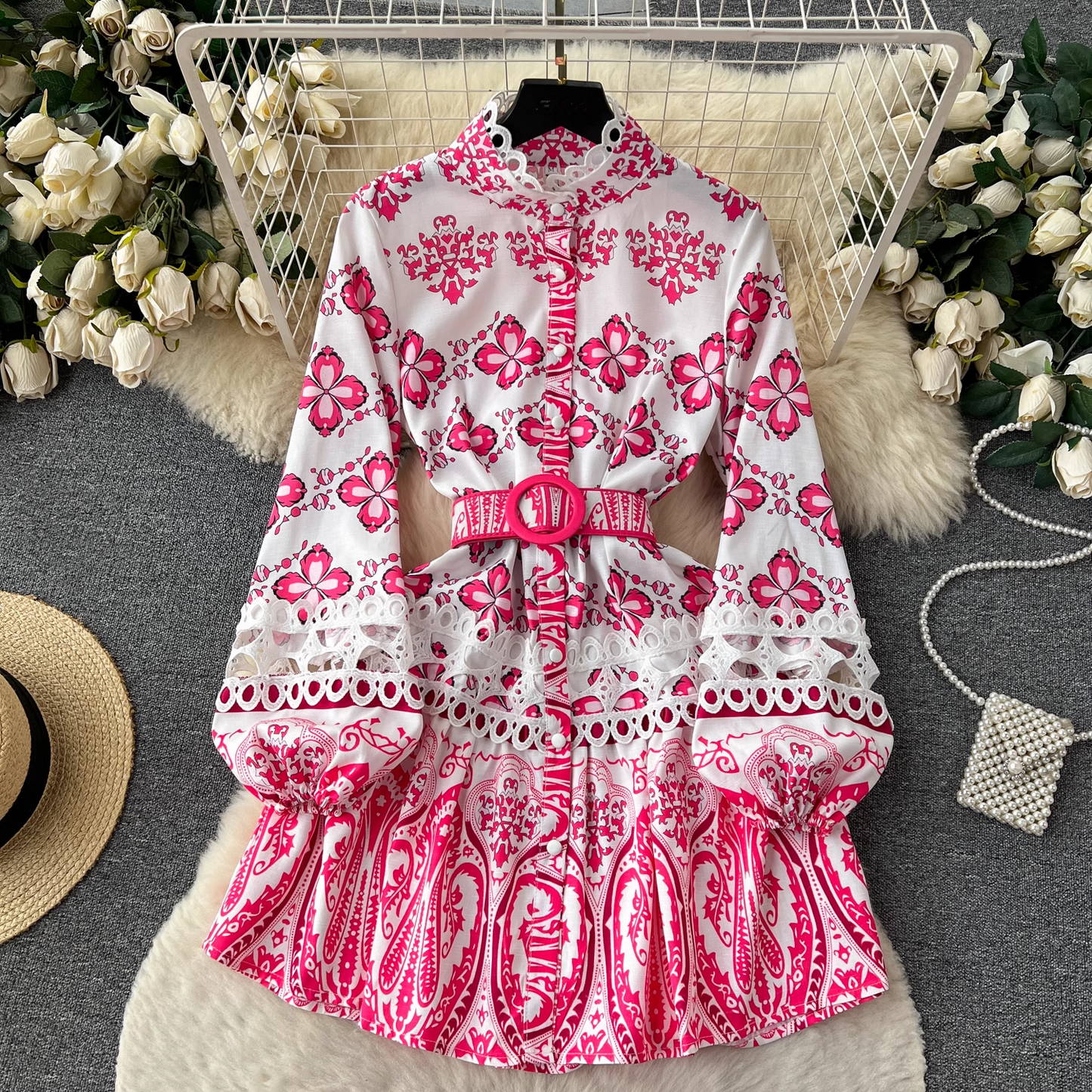 - Stand collar printed dress women's retro court style lantern long-sleeved fairy dress GEU408