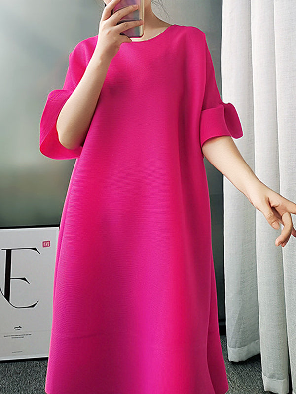 vmtvr - Stylish Selection Flared Sleeves A-Line Pleated Solid Color Round-Neck Midi Dresses