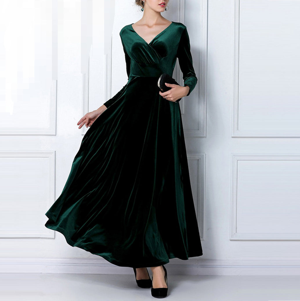 vmtvr - Elegant Solid Long Sleeved V-neck Velvet Maxi Dresses