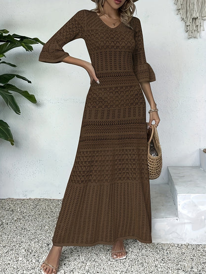 Hollow Out V Neck Knitted Dress, Elegant 3/4 Sleeve Ankle Length Dress For Spring & Summer, Women's Clothing