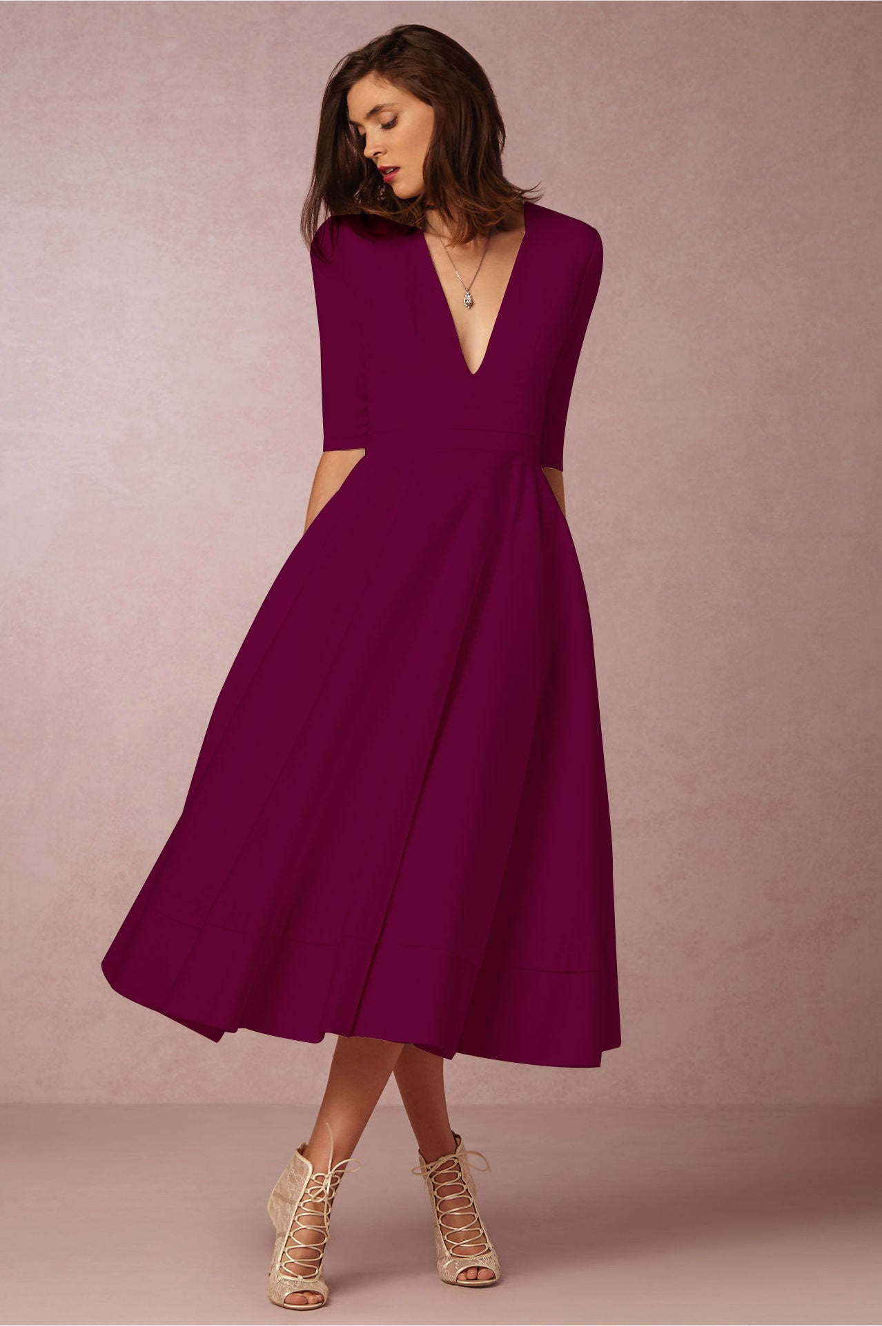 vmtvr - New Sexy Deep V Mid Sleeve Dress Midi Dress Skater Dresses